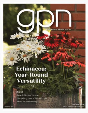 The October 2022 cover of GPN magazine featuring a mixed container of perennials with Sombrero Poco Echinacea